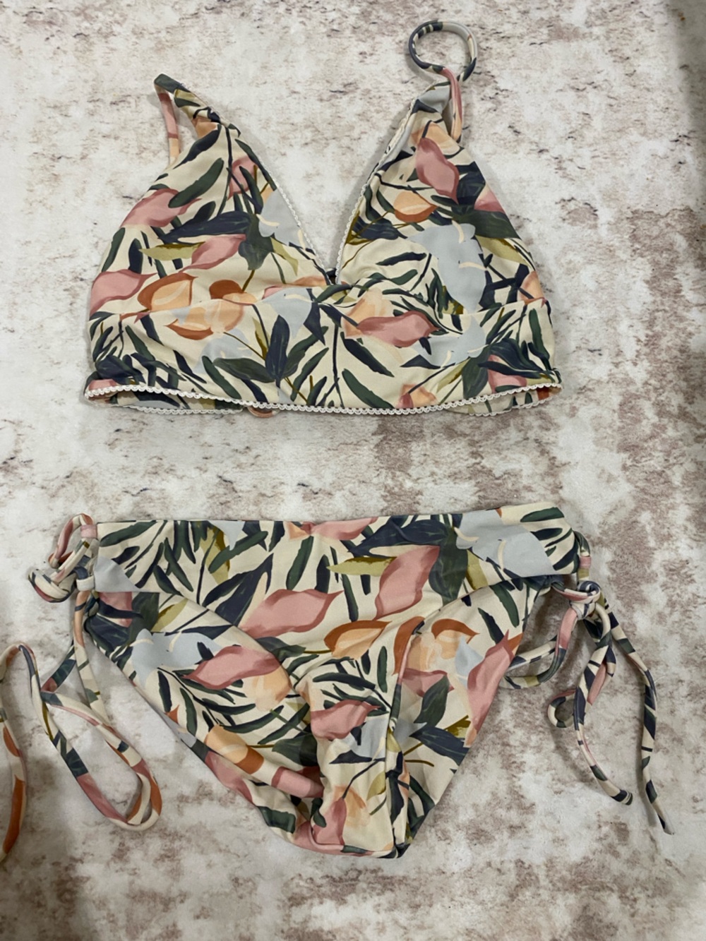 Floral Leaf Print Tie-Side Bikini Set - Cream & Pastel